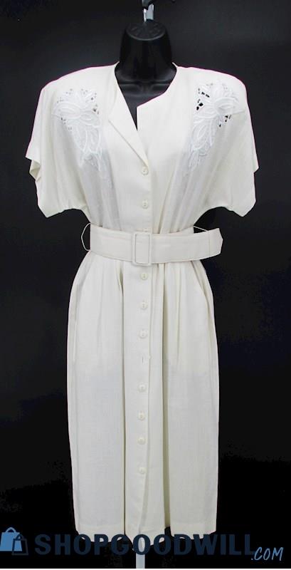 Jessica Howard Women's White Front  Button-Up Embroidered Belted Dress SZ L