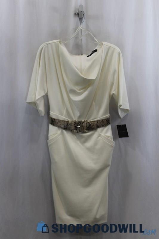 NWT Ellen Tracy Womens White Drape Belted Sheath Dress W/ Pockets Sz 8