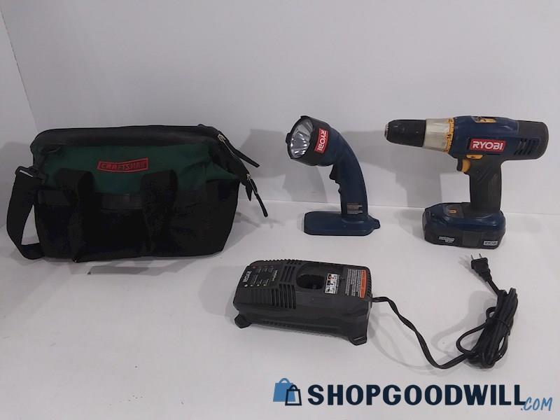 Ryobi P204 Drill & P700 Light W/ Bag Charger & Battery Lot 5pc - Tsted Powers On
