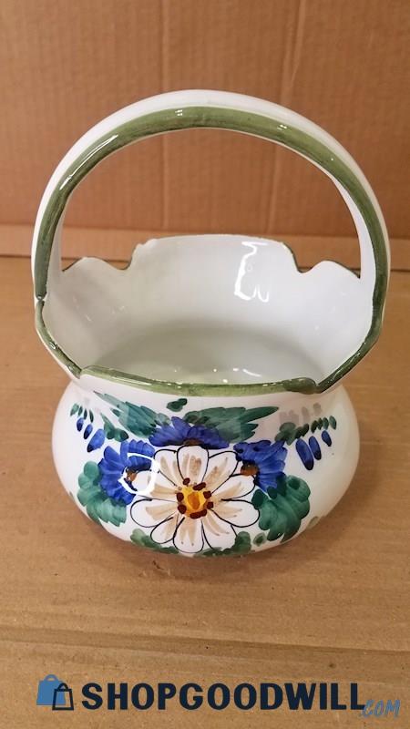 White/Blue Daisy Floral Vase/Basket/Pot Italian Ceramic Approx 5.5x7