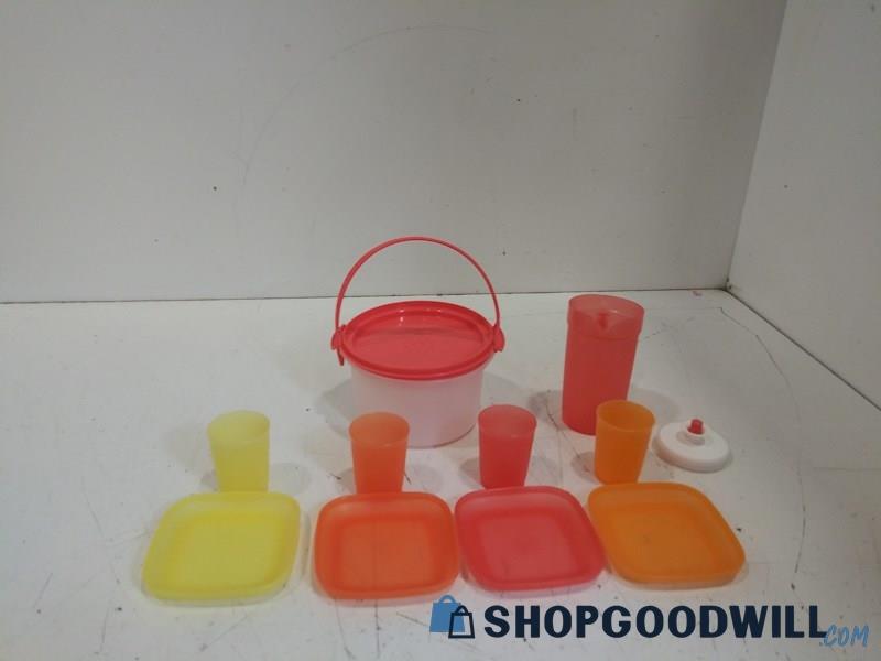 10PC Tupperware Mini Trays Cups Pitcher Pal with Lid Plastic Multi Colors Kids