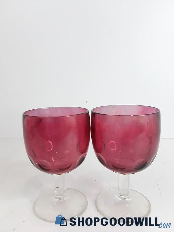 Bartlett Collins Flashed Glass Thumbprint Goblet Glasses VTG Cranberry Red 