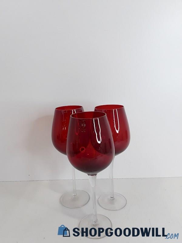 Lot 3 Pc Tall Ruby Red Top Clear Base Wine Glasses VTG Unbranded 