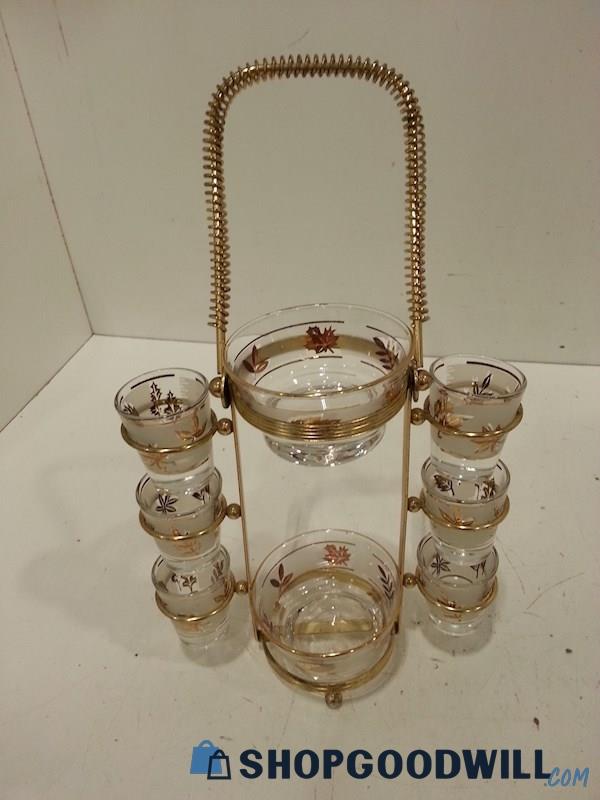 Vtg Libbey Glass Gold-Tone Shot Glass & Bowl Set w/ Metal Caddy