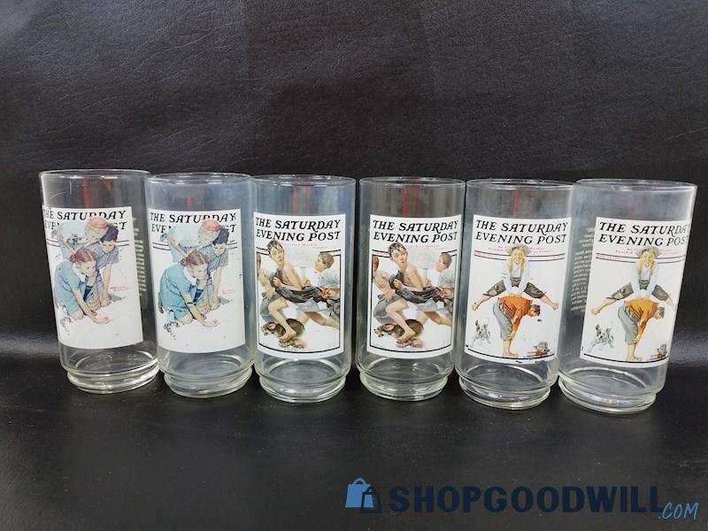 6 Norman Rockwell Arbys The Saturday Evening Post Glass Cups, Vintage 