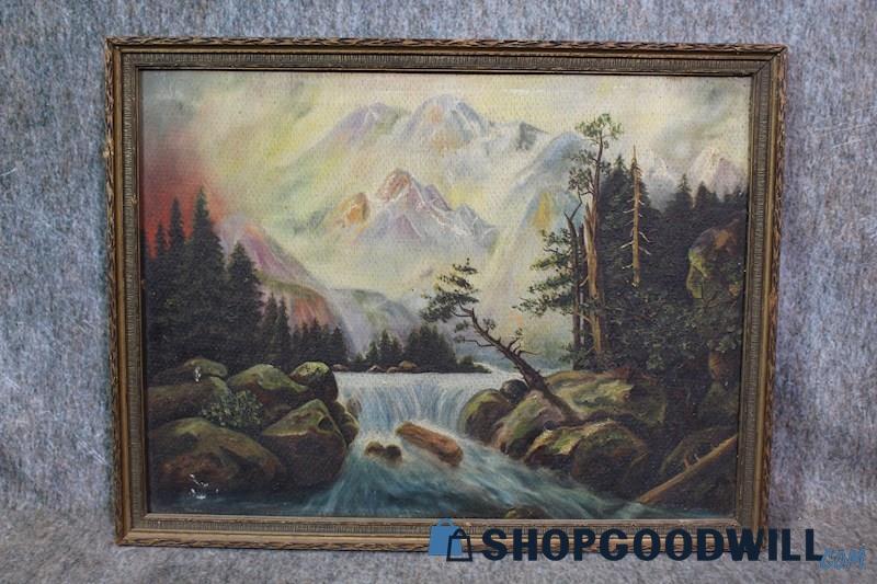 Rushing River Falls in Mountain Forest Framed Original Nature Painting Unsigned