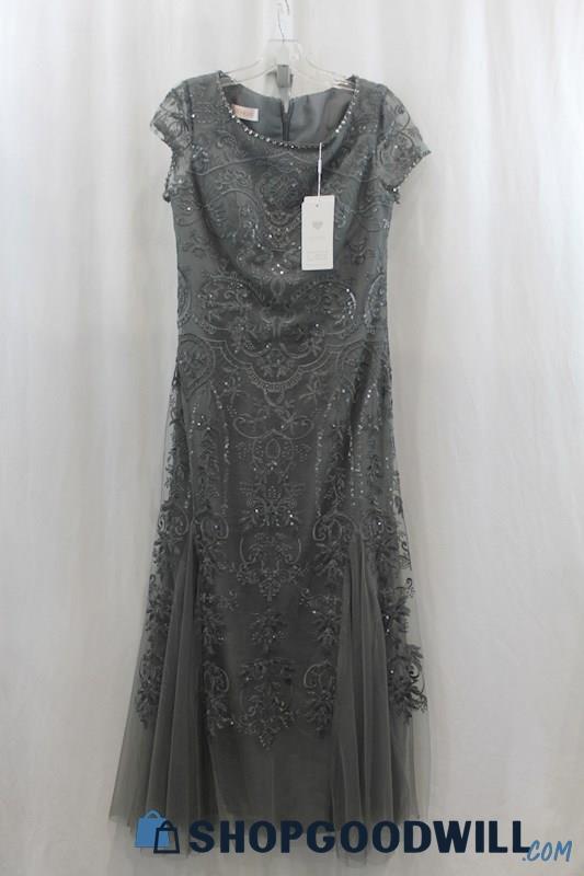 NWT JJs Womens Dark Gray Sequence Lace Chiffon Gown Dress Sz 21
