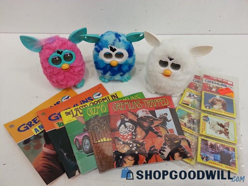 3 Furby Interactive Toys & Gremlin/Gizmo Cards/Books/Record Sets Mixed Lot