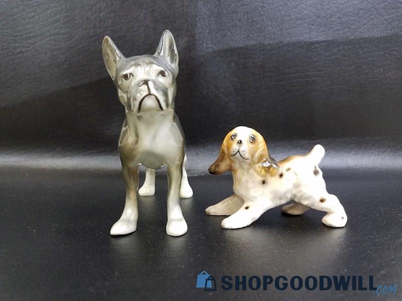 2 Mini Porcelain Dog Figurines Spaniel & Bulldog Vintage Pottery, Japan