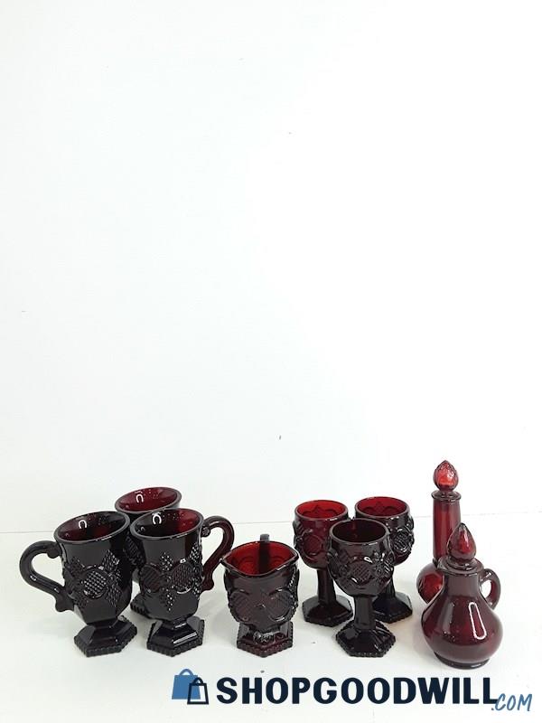 1970s Lot 9 Pc AVON Scalloped Ruby Red Assorted Glass Items 