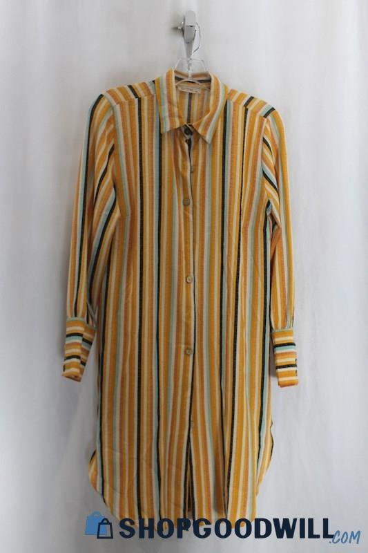 Berne Womens Mustard Yellow/Blue Pin Stripe Button Down Dress Sz 38