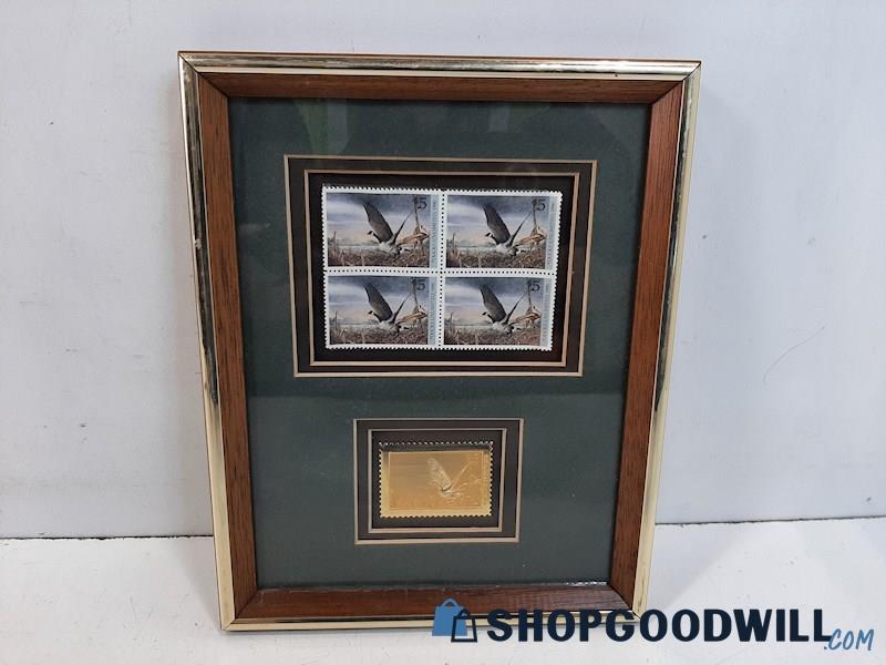 Framed Ducks Unlimited 1990 Canada Goose Stamps 1 Gold Tone Foil 