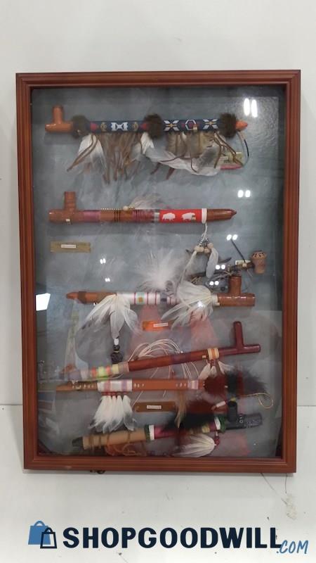 Shadow Box Collection of Calumet Peace Pipes with Wooden Box