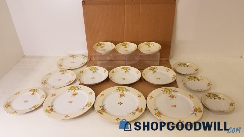 15pc Japanese China Primary-Colors Floral Unbranded Plates Bowls Saucers