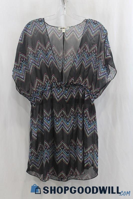 Miken Women's Black Multicolor Pattern Sheer Swim Cover SZ XL