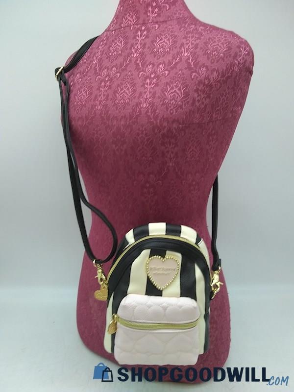Betsey Johnson Black/ White Striped Faux Leather Mini Crossbody Handbag Purse 