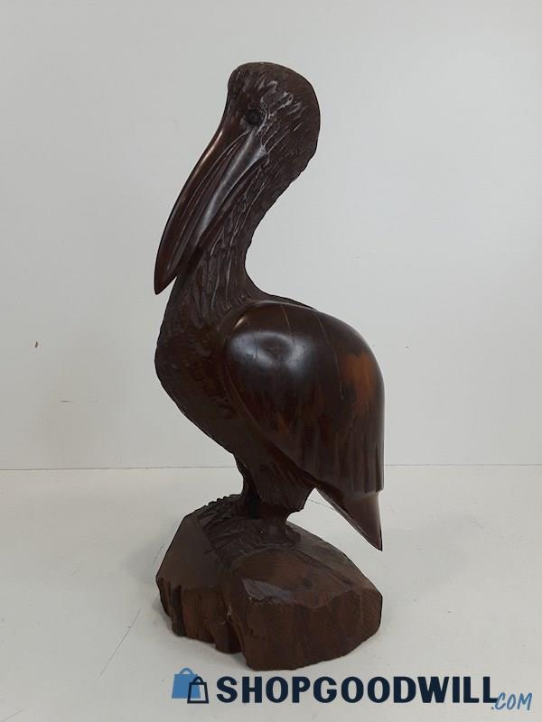 Hand Carved Wooden Art Pelican Sculpture 