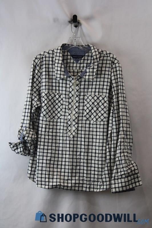 Tommy Hilfiger Women's Gray/White Grid Pattern 1/2 Zip Roll Sleeve Shirt SZ XXL