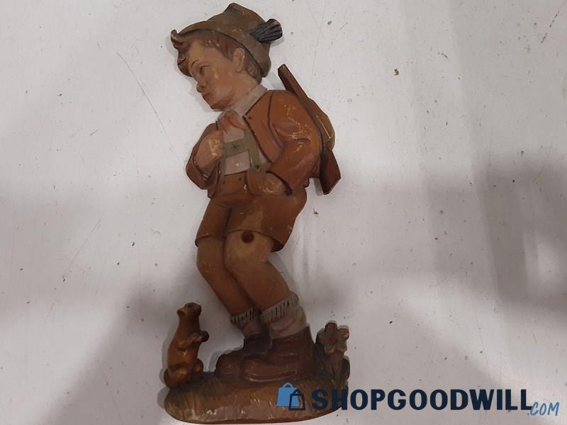 Wood Boy w/ Flower & Animal Figurine Worn UNBRANDED