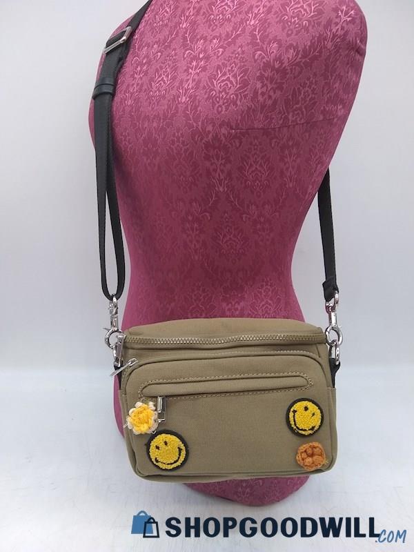 Zara Beige Green Canvas Crossbody Handbag Purse 