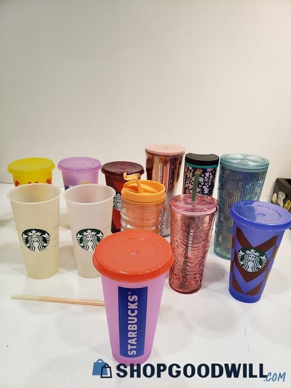 12pc Plastic Starbucks Tumblers, & Cups Variety of Colors & Styles W/ Lids 