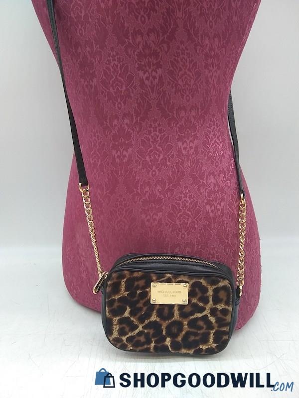 Michael Kors Black Leather/ Brown Leopard Cow Hair Mini Crossbody Handbag Purse 