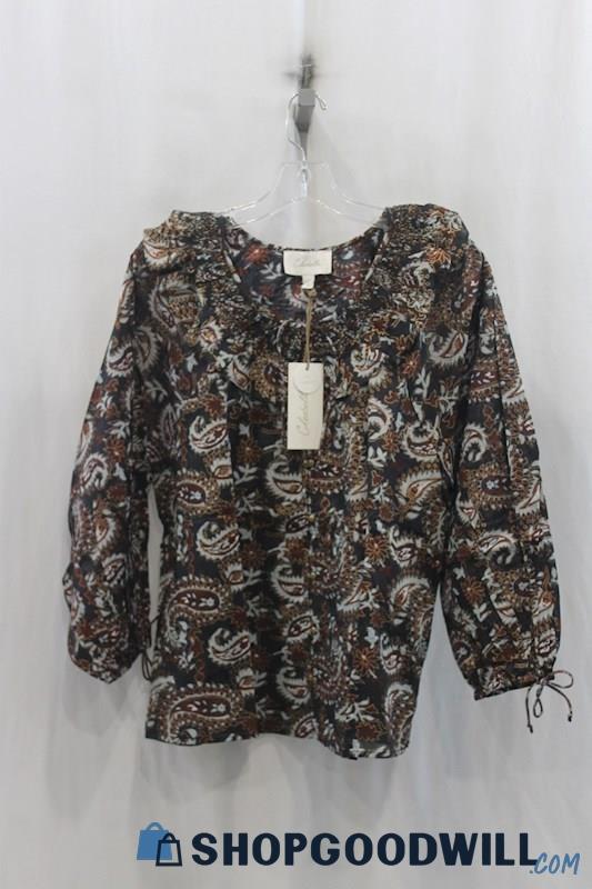 NWT Cleobella Womens Brown/Black Paisley Pattern Button Down Blouse Sz S