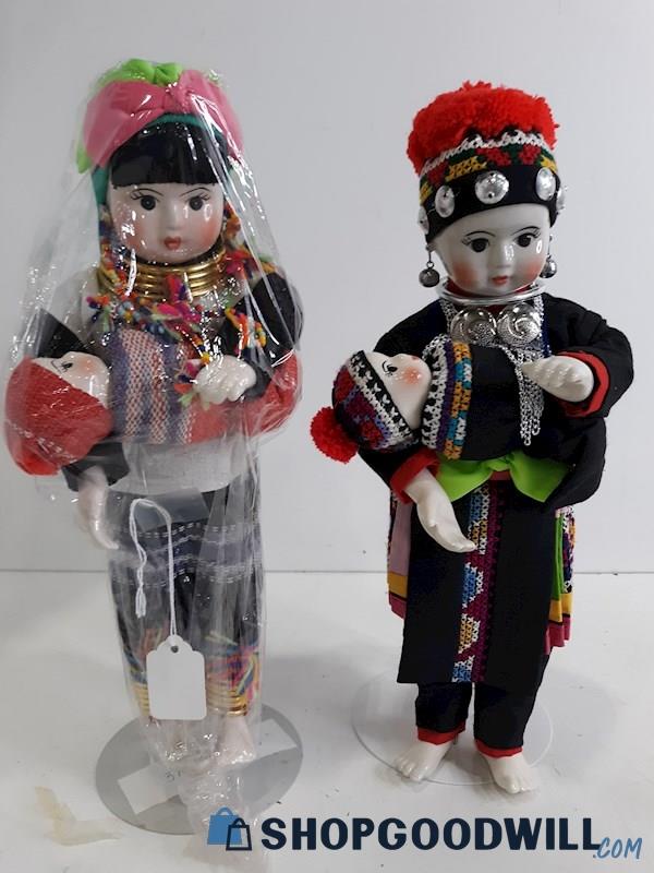 2 Pc. Porcelain South East Asian Karen Tribe Traditional China Dolls Display