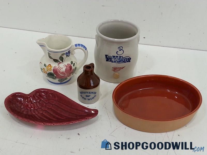 Red Wing Pottery 5 Small Items Lot/Pitcher/Jug/Crock/Spoon Rest & Baking Dish