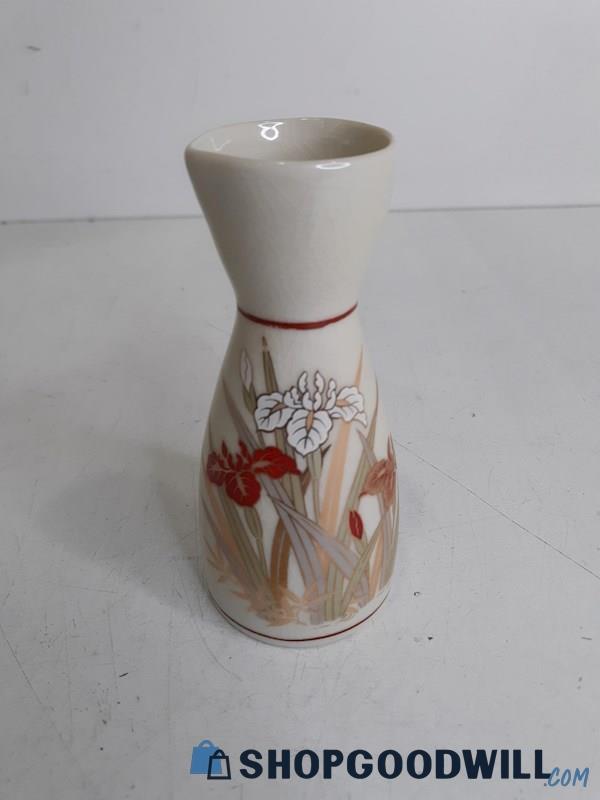 Japanese Ceramic Sake Bottle W/Floral Design & Red Trim