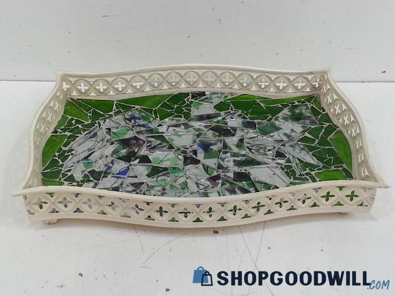 Metal Tray W/Mosaic Glass Bottom 11x15in Painted Ivory W/Cut-Out Design