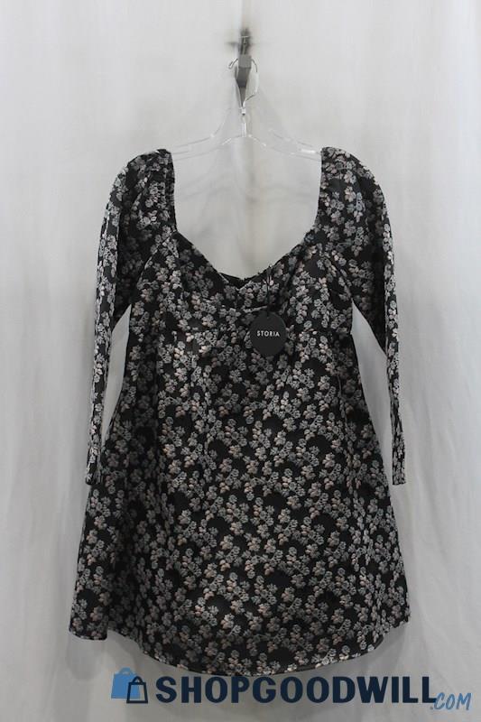 NWT Storia Womens Black/Pink Floral Mini Flare Dress Sz M