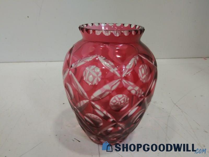 Cranberry Cut Glass Vase Floral with Pedal Design Diamond Look Decor