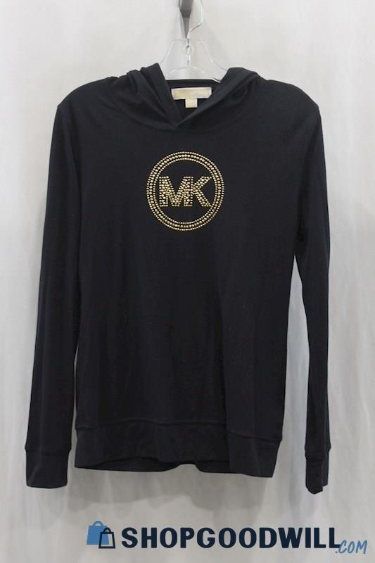 Michael Kors Womens Navy/Gold Rhinestone Lightweight Knit Hoodie Sz M