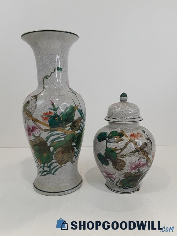 Andrea By Sadek 2pc Porcelain Birds In Flowers Vase & Jar