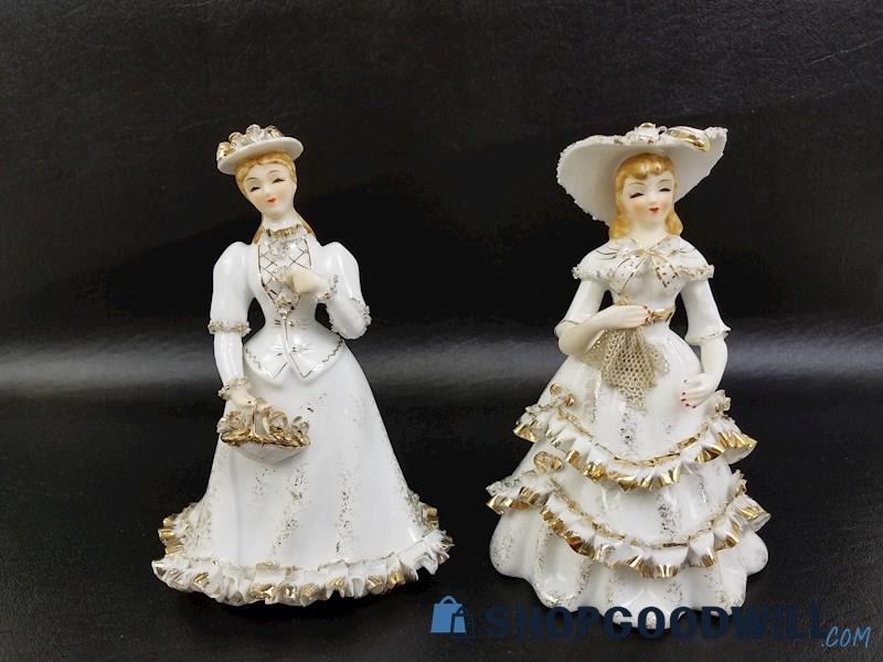 2 Lefton China Porcelain Victorian Women Figurines, Vintage Decorative Pieces