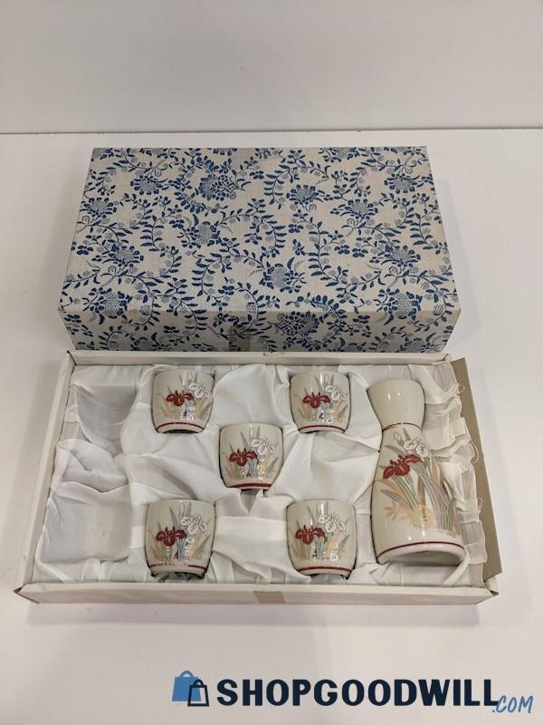 6pc. Vintage Japan Ceramic Red & White Floral Pitcher & Cups Set