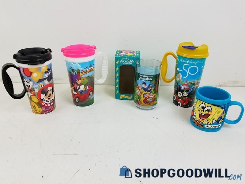 5 Collectible Character Cups, Mickey Snow White, Spongebob Disney, Vintage
