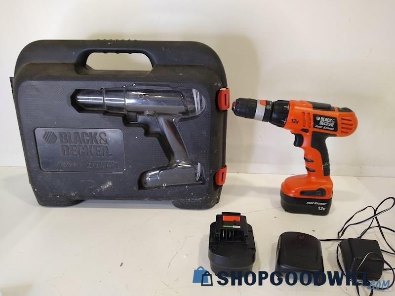 Black & Decker Fire Storm 12V Cordless Drill Driver With Case & Charging Dock 