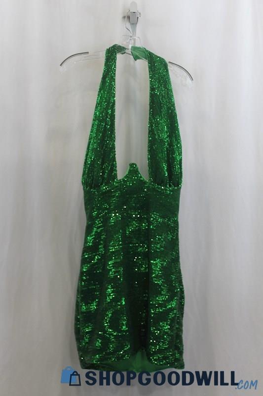 NWT Pretty Little Thing Womens Green Sequence Halter Under Bust Mini Dress Sz 10