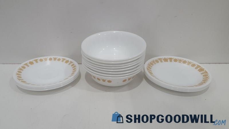 Appears To Be Vintage Corelle Gold Butterfly Cereal Bowls, Saucers, Bread Plates