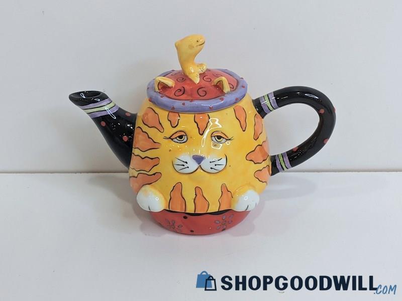 Appears to Be Ceramic Orange Cat W/ Fish Lid Tea Pot 