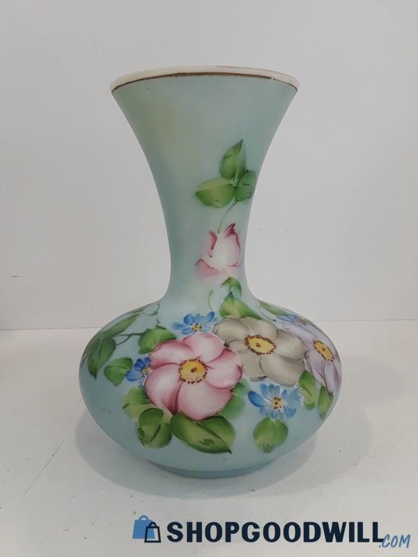 Vintage Blue Hand-Painted Floral Gold Rim Vase 