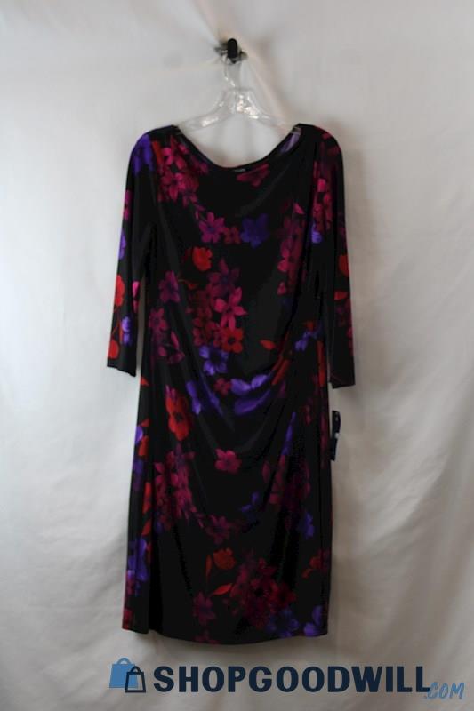 NWT Chaps Women's Black/Purple Floral Side Cinch 3/4 Sleeve Dress SZ XL