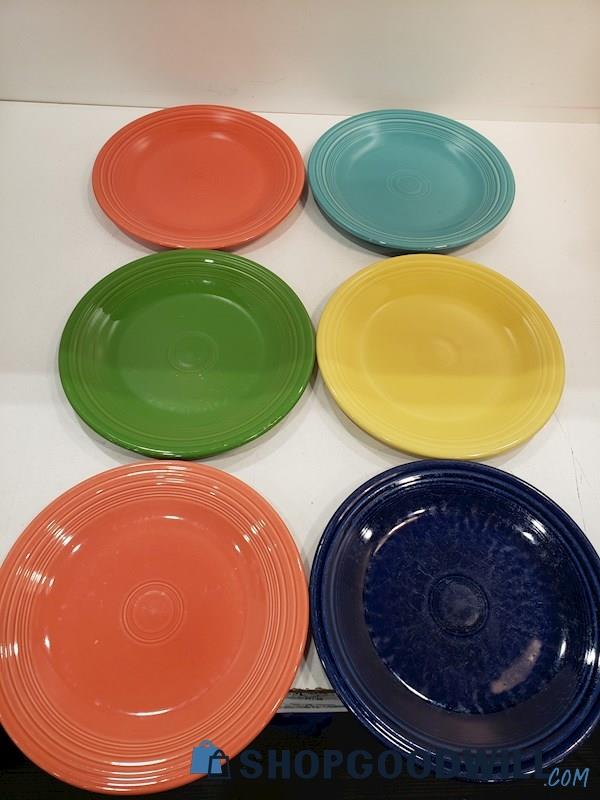6pc Fiesta Ware Dinner Plates Pink, Orange, Yellow Green, Blue, Purple