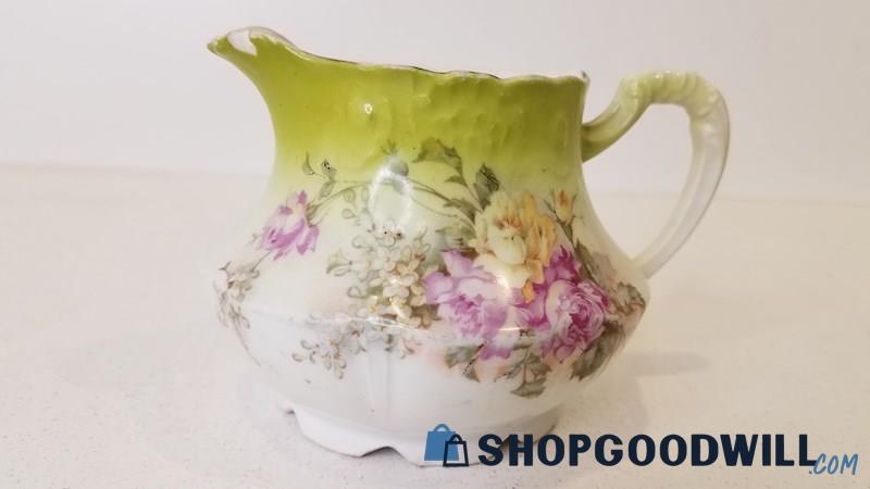 Unmarked Vintage Egg Shell Porcelain Creamer Cup Floral Green Design