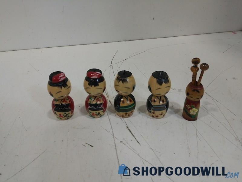 5PC Wooden Japanese Kokeshi Dolls Bamboo Tooth Pick Holder Red Blue 