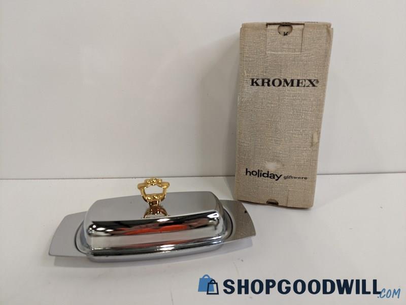 IOB Kromex Holiday Giftware Chrome w/ Glass Insert & Lid Butter Dish 481-21