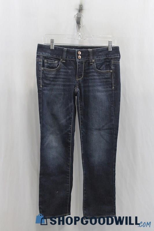 American Eagle Womens Dark Blue Washed Crop Straight Leg Jeans Sz 2