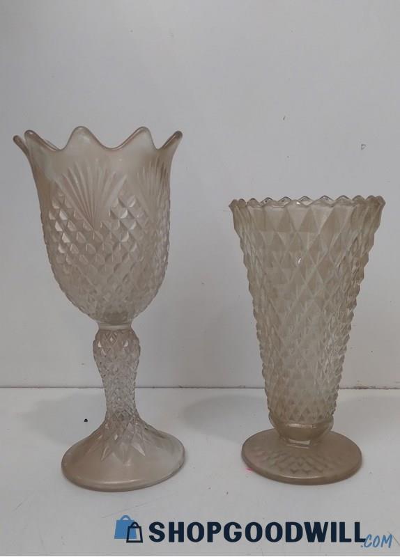 Lot 2pc Amber Pressed Glass Indiana Glass Diamond Point Vase & Goblet